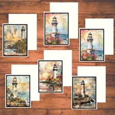 6 Watercolor Lighthouse Handmade DIY Card Kit, A2 w/Envelopes Ocean Seaside