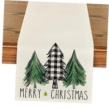 Buffalo Plaid Merry Christmas Trees Table 13" x 72", Table Runner Green