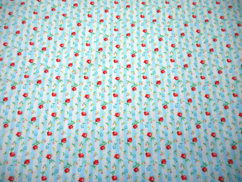 Floral Fabric 1 1/4 Yard Sm Red Roses on Blue & White Stripe Premium Cotton #B C