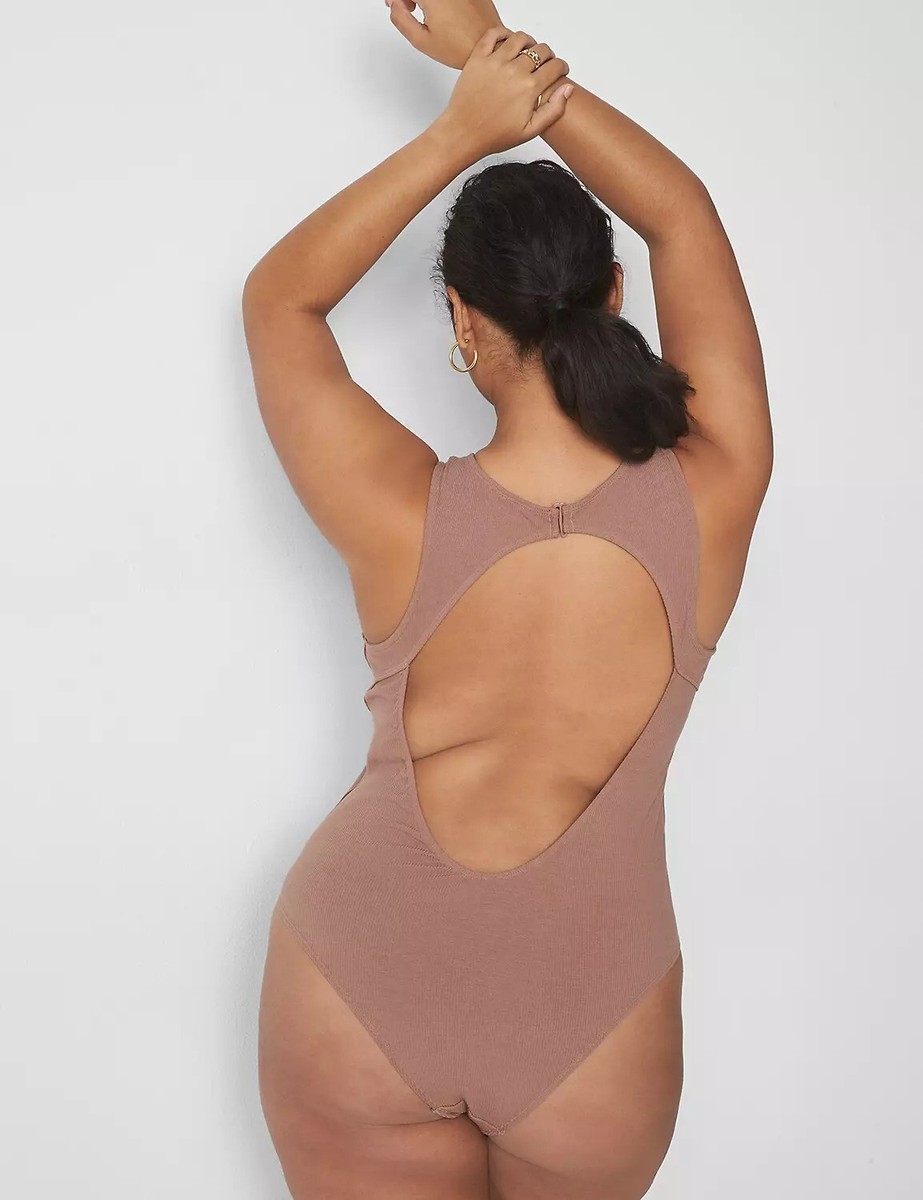 トップス pois stretch rib bodysuit Lane Bryant CACIQUE Stretch Rib Open-Back Bodysuit BLACK Plus Size
