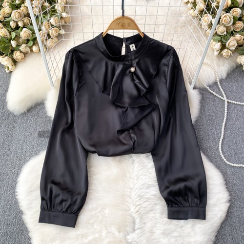 Women Faux Silk Satin Blouse Tops Shirts Ruffles Casual Formal Shiny Fashion - Picture 6 of 15