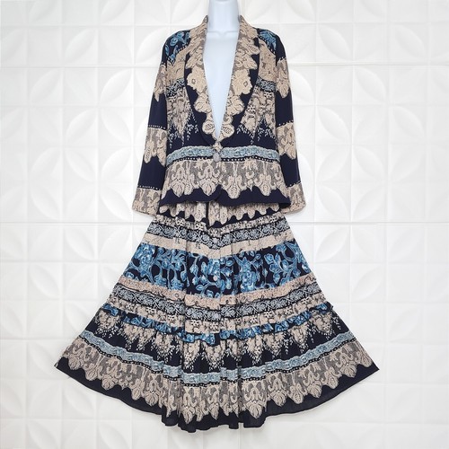 Vintage 90er Carole Little Dress Set Jacke Rock Rüschen Spitze-Print Grunge Boho M - Bild 17 von 18