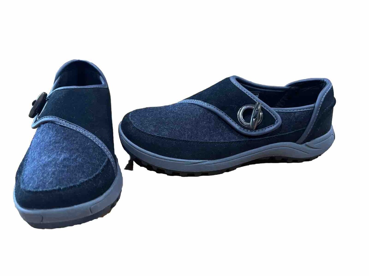 Lands End Women's 9B Gray Wool Black Suede Clogs Mules Toggle