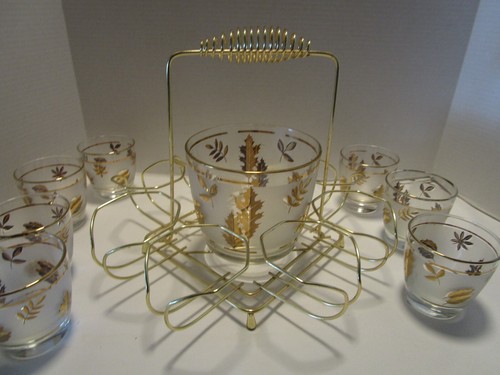 Vajilla de cristal Libbey vintage 10 piezas con Caddy Rocks Whisky follaje dorado años 60 - Imagen 7 de 9