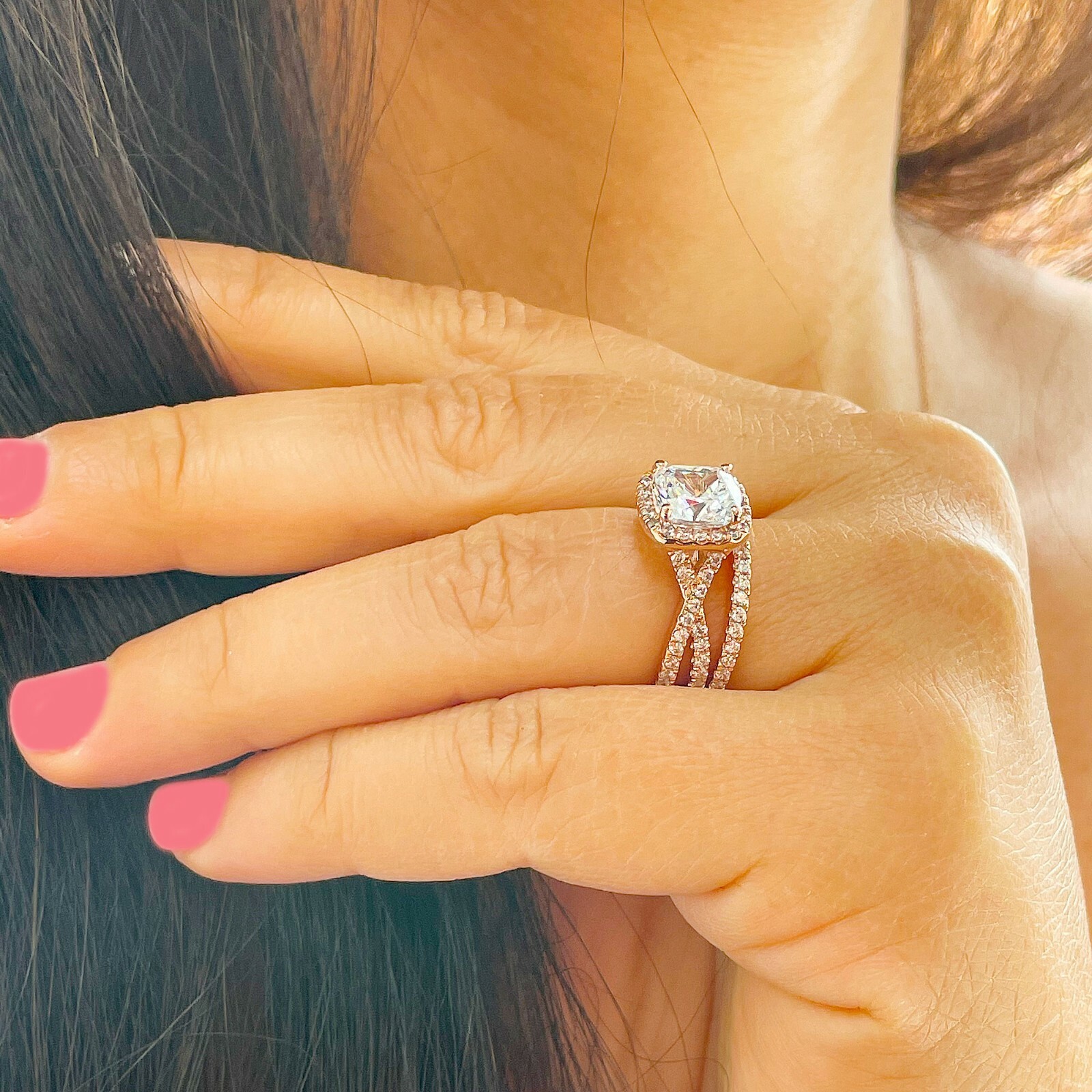 IGI Certified 14k Rose Gold Cushion Diamond Engagement Ring And Band