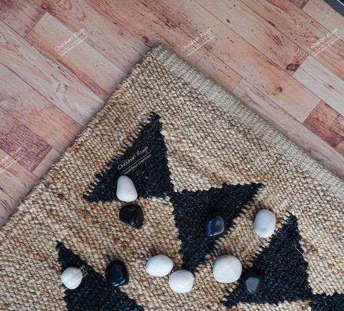 Indian Handwoven Beige Hemp Jute Rug With Black Design Rug For Living Room Decor - Picture 10 of 16