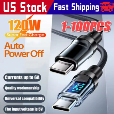 120w Fast USB Type-C Charging Braid Phone 15 16 Charger Lead with Display LOT
