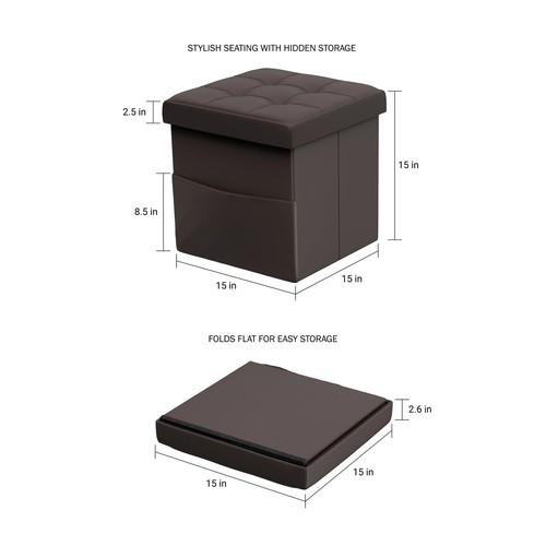 15-inch Folding Tufted Faux Leather Storage Ottoman with Pocket (Brown) - Picture 3 of 6