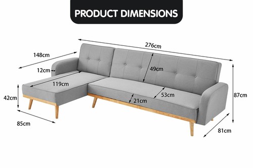 3 Seater Sofa Bed Chaise Lounge Couch Modular Furniture Linen Fabric Light Grey - Picture 7 of 10