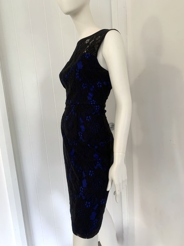 TEABERRY DRESS Black LACE electric blue underlay 10 fitted sheer back & shoulder - Picture 8 of 12