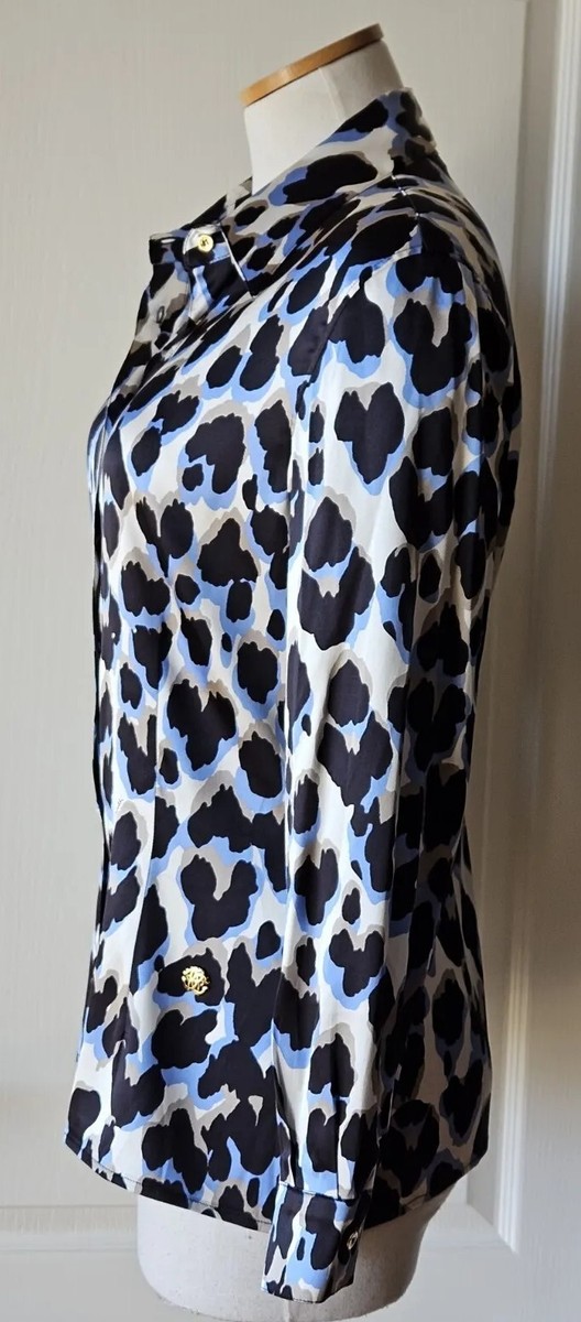 Roberto Cavalli US 10, 46 Blue Black Leopard Print Silk Long