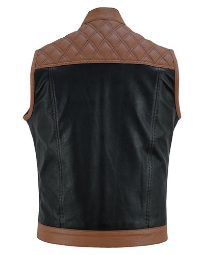 Tan and Black Sons of Anarchy Style Biker Diamond Gilet Vest Motorcyle Waistcoat - Picture 3 of 6