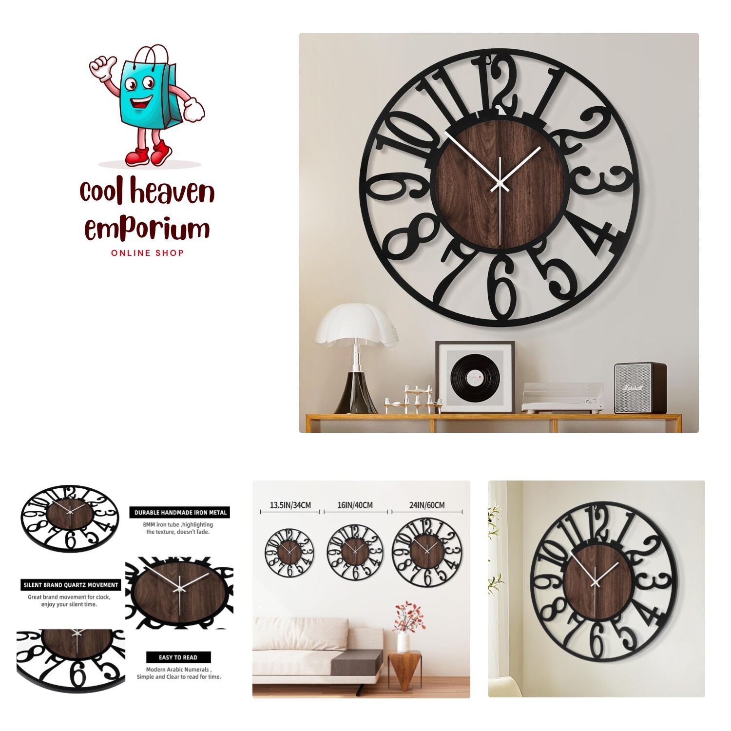 Large Wall Clock for Living Room Decor- Decorative Antique 24 inch Silent Non...