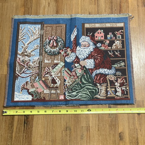 Vintage Wandteppich Stoff Weihnachten Weihnachtsmann Elfen Rentiere Geschenke Polsterung 18X14 - Bild 9 von 11