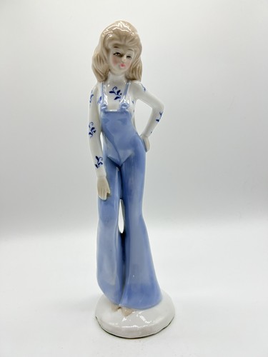 Set of 3 Vintage Ceramic Women Figurines Bell Bottoms Blue White 10.5" - Picture 4 of 12