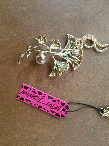 Betsey Betsy Johnson Yellow Lily Flower Tulip w/ Pearl Pendant Chain Necklace - Picture 2 of 3