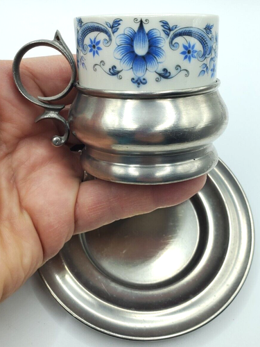 Weidmann Pewter Espresso Cup Holders Saucers Cups Porcelain Italy Set of Two - Picture 6 of 12