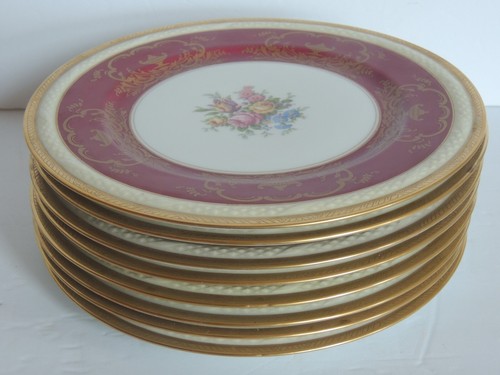 8 platos antiguos de cena T&V Limoges La Cloche 10 1/4" ramo dorado dorado borgoña - Imagen 2 de 13