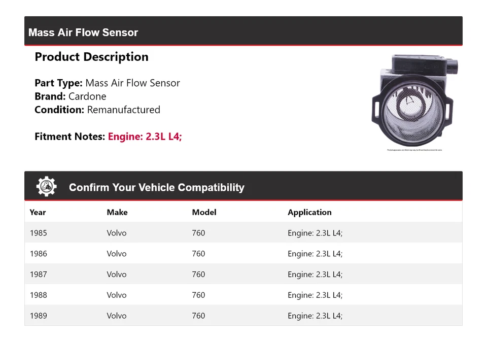 Sensor de flujo de aire másico Cardone 1986 1987 1988 para Volvo 760 1985-1989 2,3 L L4 Foto 2 de 4