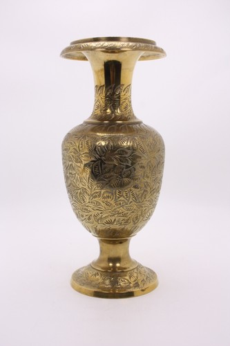 Etched Cast Turned Heavy Lg 12" Ornate Brass India Asia Boho Vtg 70s Vase Urn - Picture 10 of 12