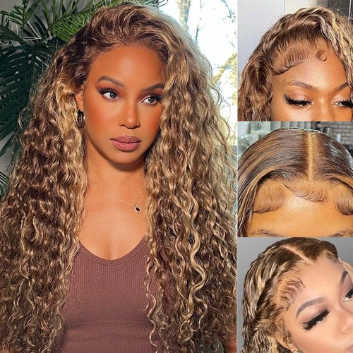 Peluca de cabello humano UNICE Mongolia Highlight rubia onda de agua rizada 13x4 frente de encaje - Imagen 14 de 14