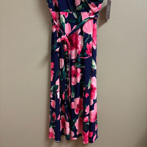 Vince Camuto Women Midi Dress Sz 14 Faux Wrap Tie Stretch Floral Spring Wedding - Picture 3 of 13