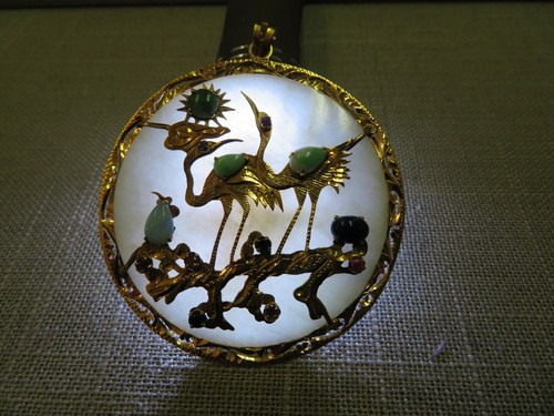 Vtg 14K Y Gold Crane Tree Design w/Lapis Opal Ruby Sapphire Jadeite Jade Pendant - Picture 6 of 12