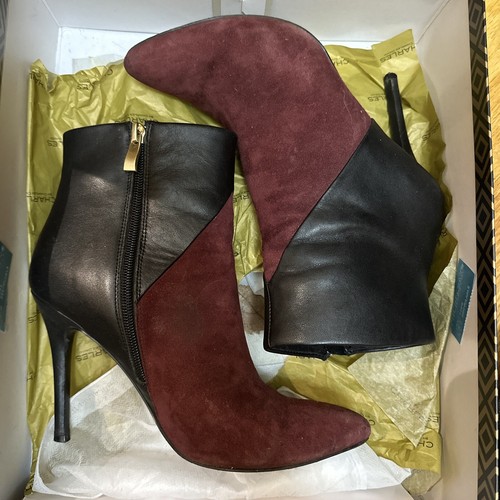 Charles David Maroon Suede/Black Leather Fashion High Heel Boots Size 6 1/2 - Imagen 4 de 6