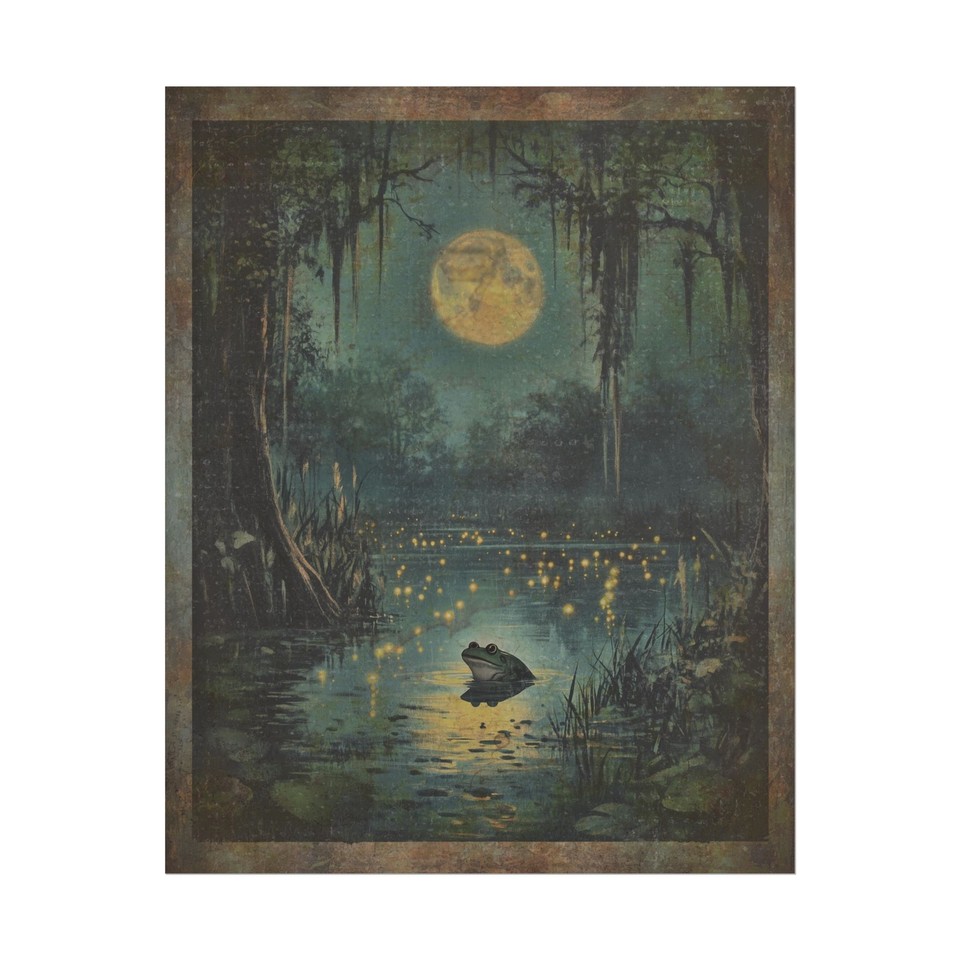 Frog-meets-celestial-moon wall art — a wonderfully weird swamp-fairy-tale mashup that hits the cottagecore-meets-quirky aesthetic perfectly.
