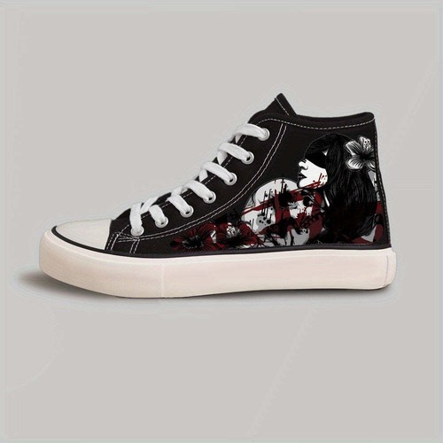 Trendy Skull And Anime Pattern High Top Canvas Shoes For Men, Lace Up Non Slip C - Picture 2 of 8
