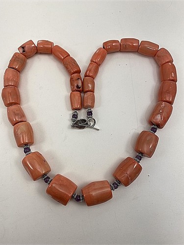 Handmade in the USA ~ Sterling Silver .925 Coral & Amethyst 28" Beaded Necklace - Picture 8 of 12