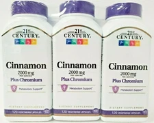 21st Century Cinnamon 2000mg Plus Chromium 120ct Caps- 3 Pack -Exp Date 03-2026