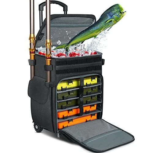 Rolling Tackle Box with Cooler, Large Fishing Bag with Wheels for