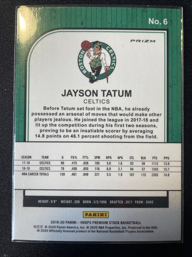 Jason Tatum 2019-20 NBA Hoops Premium Stock Silver Prizm #6 - Bild 2 von 2
