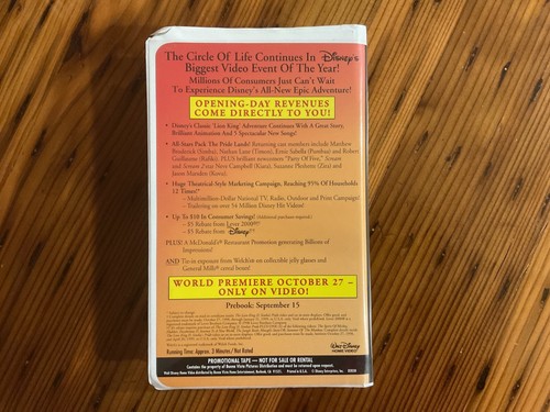 THE LION KING II SIMBA'S PRIDE 1998 Demo VHS, HTF, Rare, Collectible - Picture 2 of 3