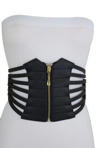 Women Elastic Black Corset Wide Belt Hip High Waist Gold Zipper Fit Size S M - Picture 8 of 12