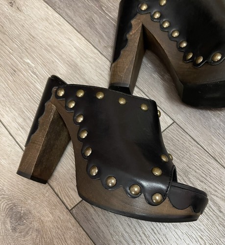 Stuart Weitzman SEQUOIA Black Leather Studded Wood Platform Shoes Sz 8 Run Small - Picture 8 of 22