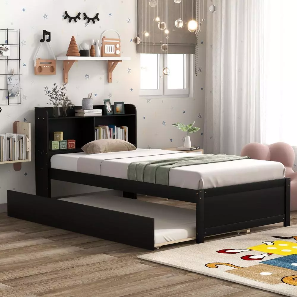 Twin Size Bed Frame with Trundle and Bookcase for Small Living