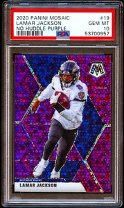 2020 Panini Mosaic Lamar Jackson #19 No Huddle Purple Mosaic #/50 Prizm PSA 10