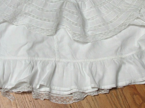 Antique Victorian White Cotton Long 2 Layer Flounce Petticoat Skirt - Picture 3 of 10