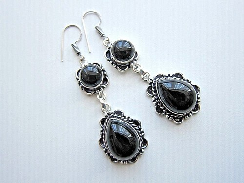 Silver, Long Drop Earrings with Black Onyx Gemstone. - Picture 56 of 56