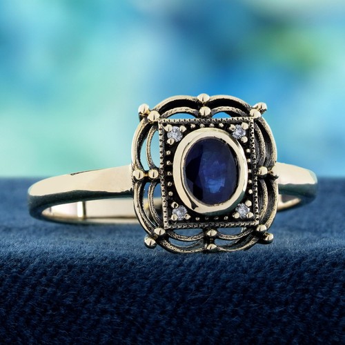 9K Yellow Gold Blue Sapphire and Diamond Vintage Style Ring - Picture 3 of 9