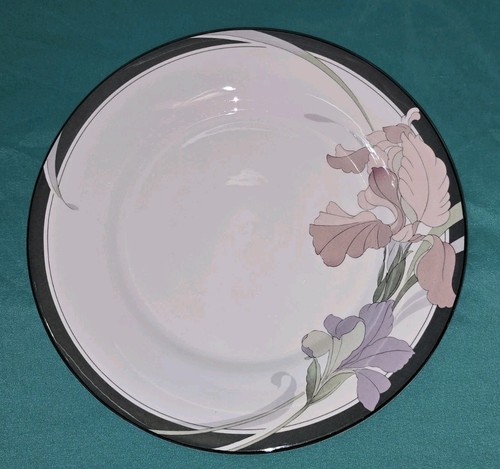 4 - Noritake Cafe du Soir Dinner Plates 10 1/2" Gray Band Pink Purple Florals EC - Picture 7 of 13
