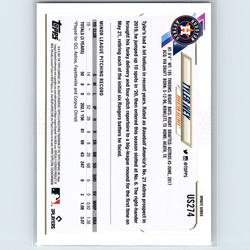 2021 Topps Update Series - Tyler Ivey #US274 (RC) - Houston Astros - Picture 2 of 2