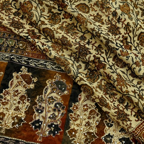 Vintage Beige & black Saree Pure Georgette Silk Hand Embroidered Kantha Sari 5y - Picture 12 of 23