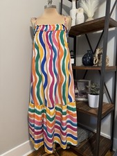 Farm Rio Women’s Dancing Stripes Tassel-Tie Midi Dress Multicolored Size XS