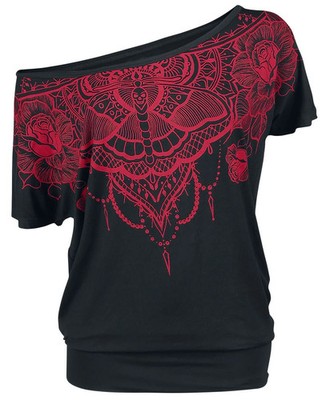 Black Premium by EMP Damen schwarzes lockeres T-Shirt mit rotem