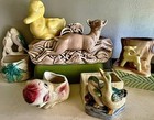 1950s POTTERY 6 PLANTERS Ceramic MCM Deer Succulent POTS Duck Chick Bird Vtg LOT — photo 1