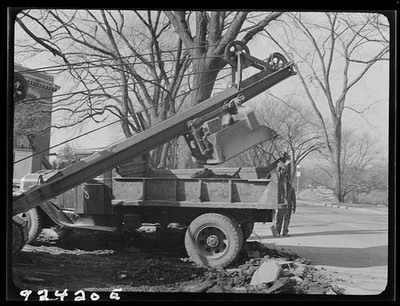 Photo:1930s Utility Truck Crane Tree Removal Street Scene Workmen