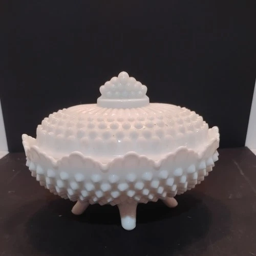 Vintage Fenton White Milk Glass Hobnail Oval Footed Candy Dish